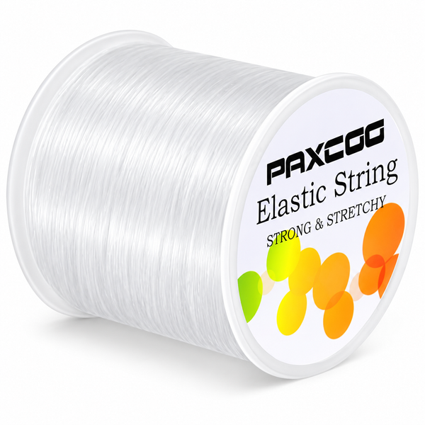 A spool of clear elastic string with a white label that reads 'PAXCGG Elastic String STRONG & STRETCHY' on a clean white background.