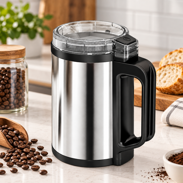 A stainless steel coffee grinder with a black handle and clear lid, shown on a kitchen countertop with coffee beans, bread, and a jar in the background.