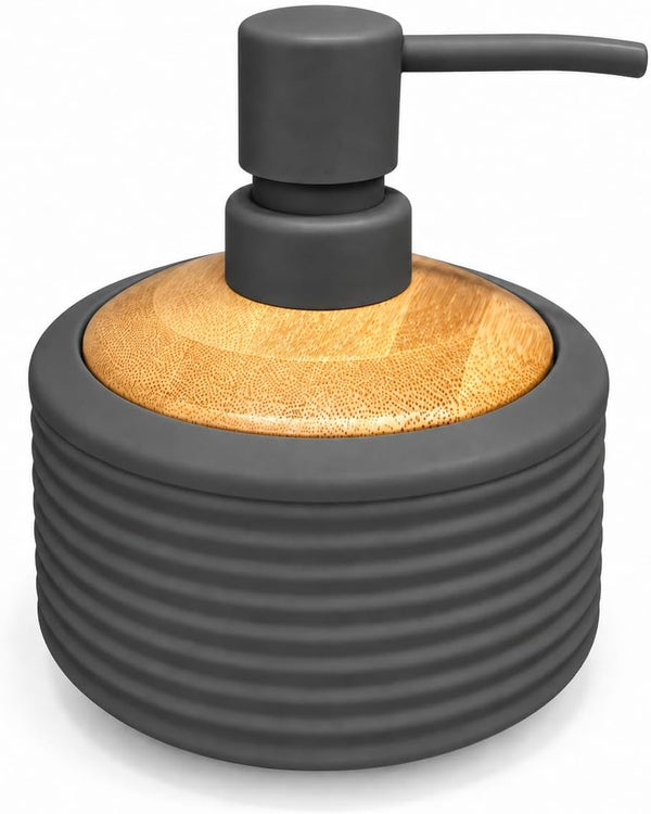 7AGAT Shopping black round refillable soap dispenser with ribbed design and wood-look top