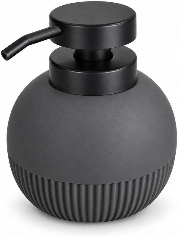 Matte Grey spherical soap dispenser with a ribbed lower half and a curved pump nozzle, shown on a clean white background.