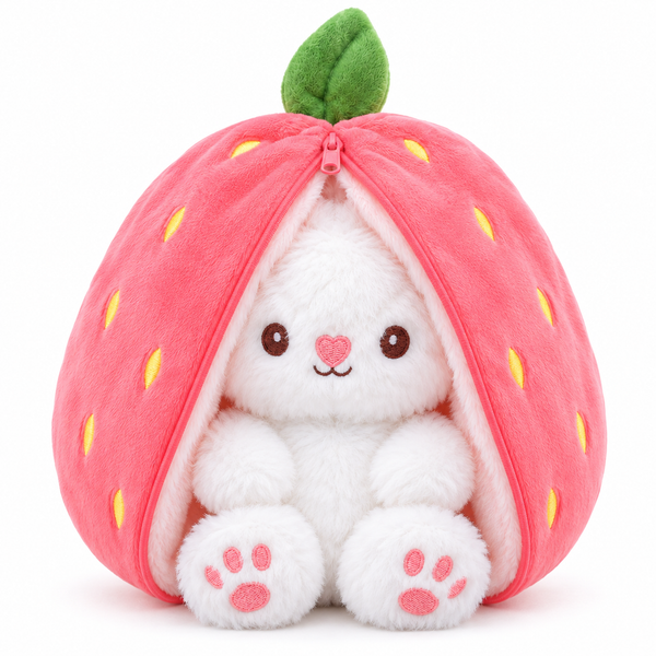 A white plush bunny toy sitting inside a strawberry-shaped pink pouch with a green leaf on top, photographed on a clean white background.