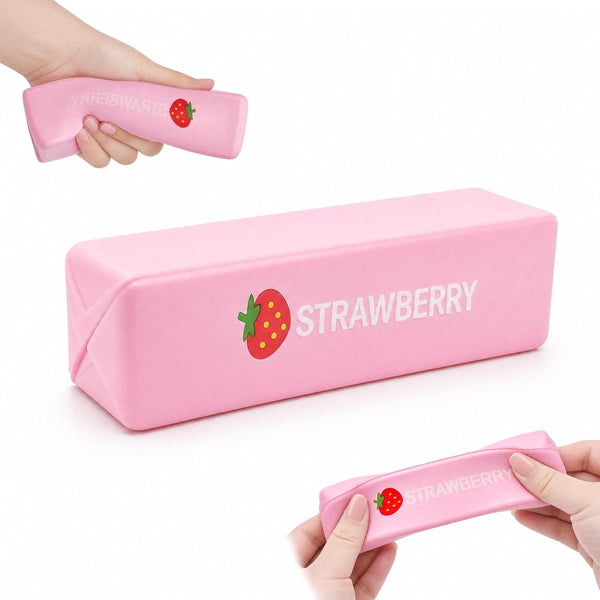 A pink rectangular strawberry-themed item shown in three views on a white background: a hand holds it at the top left, the main product is displayed flat in the center, and another hand stretches it at the bottom right. The item has a strawberry graphic and the word "STRAWBERRY" printed on it.
