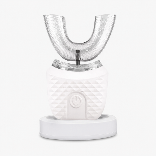 A white and clear electric oral irrigator with a textured white base and a transparent U-shaped mouthpiece, shown on a clean white background.