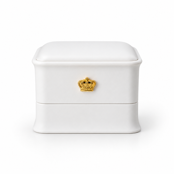 A white two-tier jewelry box with a small gold crown emblem on the front, set against a clean white background.