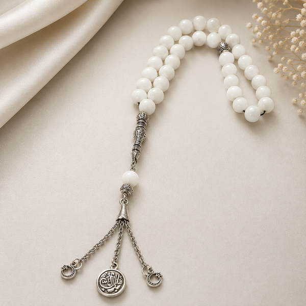 Handmade 7AGAT rosary with 33 natural white agate beads, 10mm, showcasing elegant handcrafted prayer beads for spiritual practice.