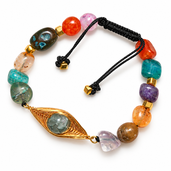 7agat mixed color Agate 8mm bracelet with worked copper centerpiece and Gold Hematite spacers.