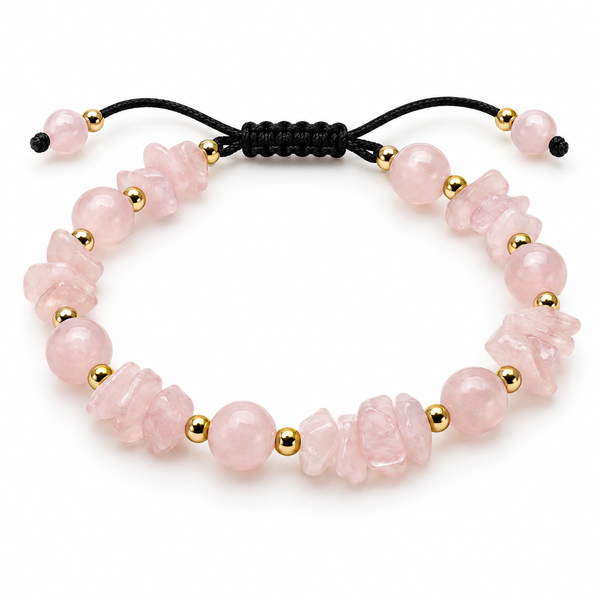 7agat Rose Quartz 8mm bracelet with irregular pink gemstone chips and gold Hematite spacers.