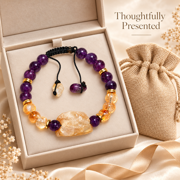 7agat amethyst and citrine bracelet displayed with illustrative jewelry box and burlap bag packaging.