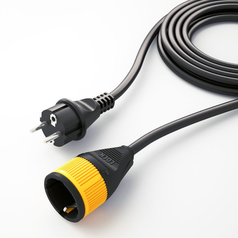 7AGAT Power Lock 5M extension cord with safety lock, 16A, IP44 water-resistant black electrical extension cord.