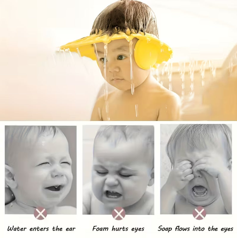 Adjustable kids shower cap with ear protection from 7AGAT, water-resistant EVA bath visor for gentle hair washing.