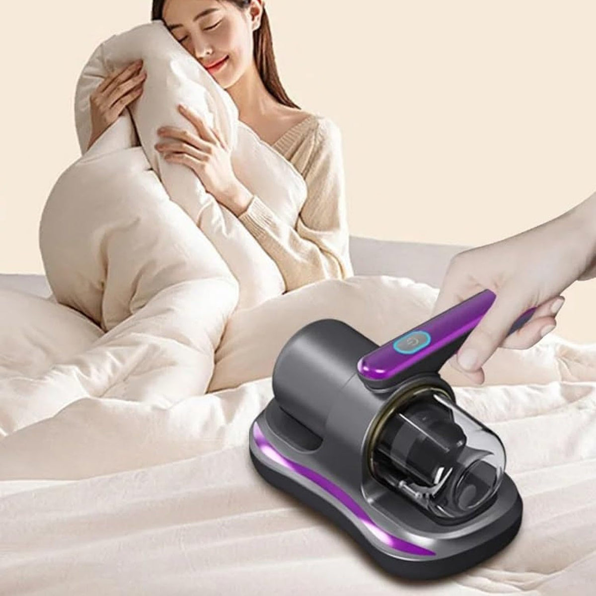 7AGAT cordless handheld mattress vacuum cleaner with UV-C light cleaning beds, sofas, and upholstery for dust mites and allergens.