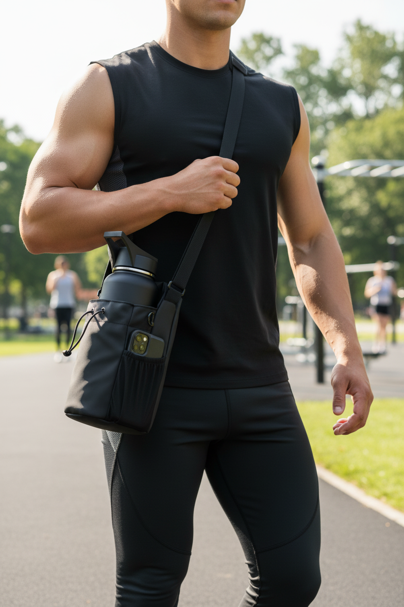 Magnetic gym water bottle bag with phone pocket, 7AGAT Shopping gym accessory, strong magnetic holder for easy carrying during workouts.