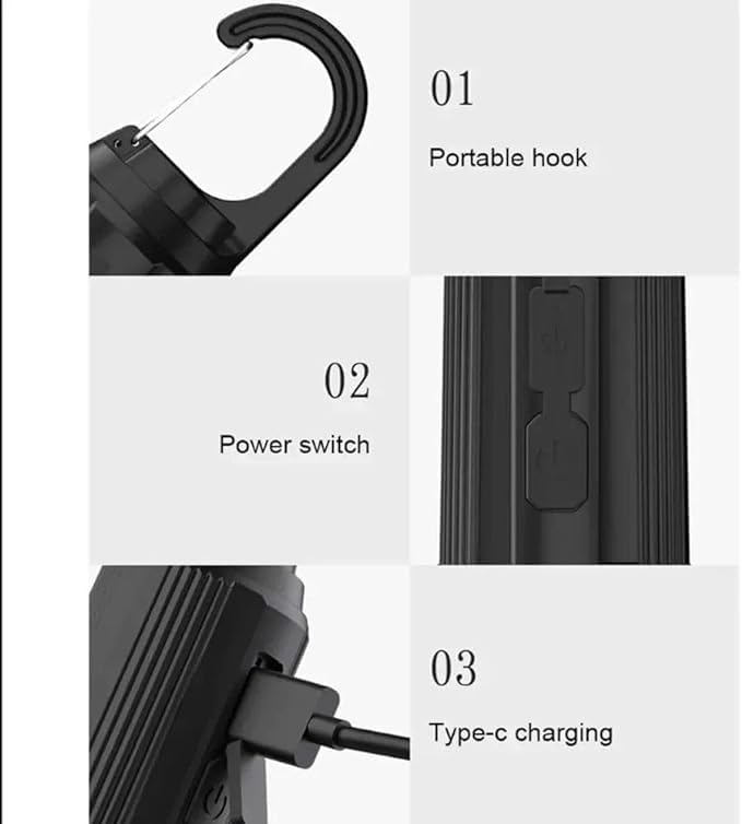 7AGAT rechargeable LED light bulb with Type-C charging, 3 lighting modes, hanging hook for home, emergency, and camping use.