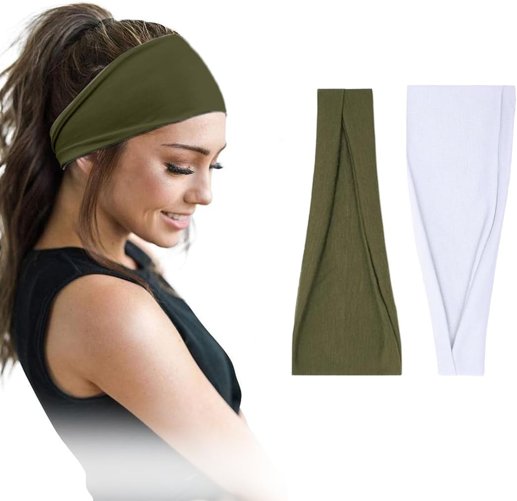 Pair of 7AGAT cotton headbands for women and men, wide, non-slip, made from 95% Egyptian cotton, in a pack of two.