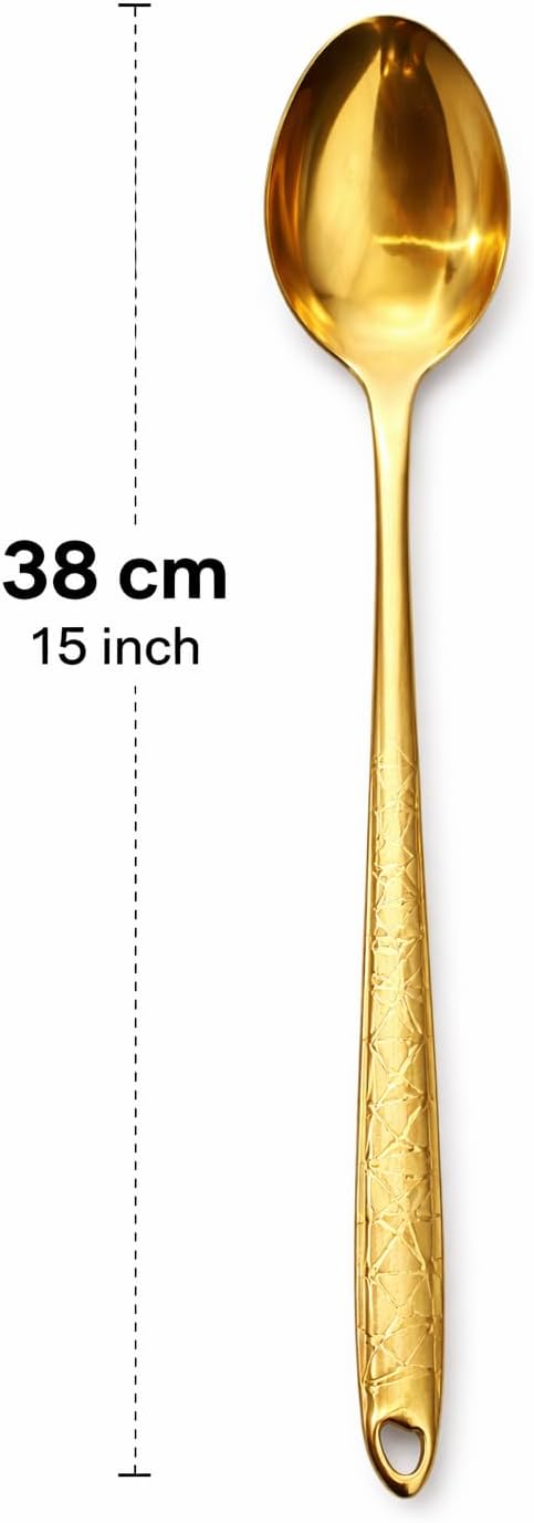 7AGAT stainless steel kitchen utensil with ergonomic handle, heat resistant, rust-resistant, dishwasher safe in silver, gold, and rainbow finishes.