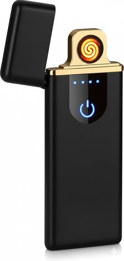 7AGAT USB rechargeable electric lighter with windproof flameless design, touch sensor, battery indicator, multicolor LED lighting.