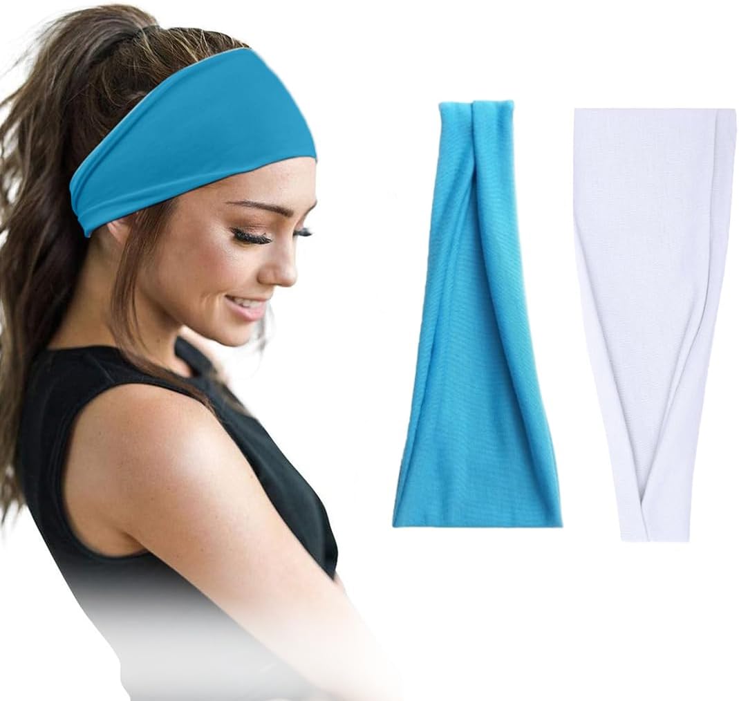 Pair of 7AGAT cotton headbands for women and men, wide, non-slip, made from 95% Egyptian cotton, in a pack of two.