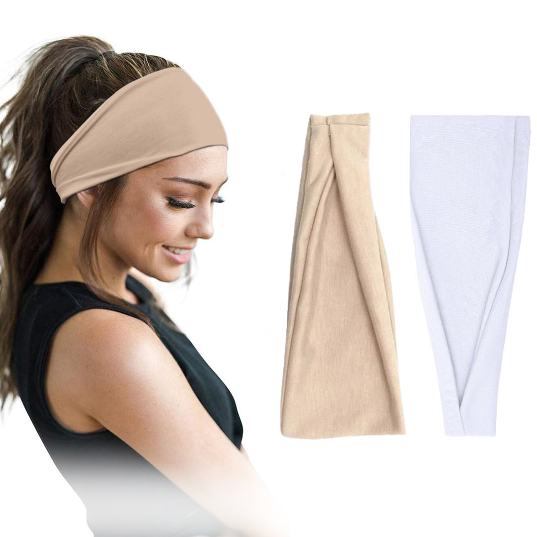Pair of 7AGAT cotton headbands for women and men, 95% Egyptian cotton, wide, non-slip, in a pack of two.