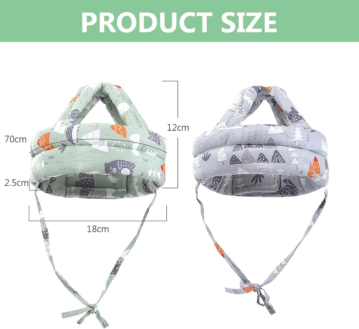 7AGAT baby head protection helmet with soft cotton padding, cartoon design, for crawling and walking safety, size chart included