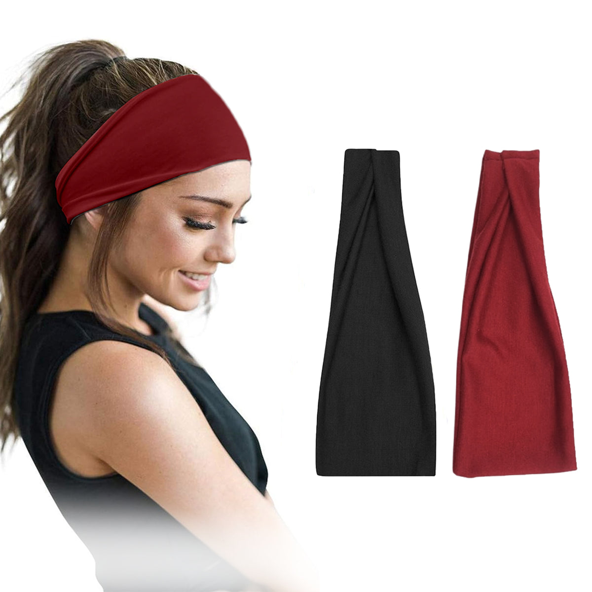Cotton headbands by 7AGAT, wide style, non-slip, 95% Egyptian cotton, pack of 2, suitable for women and men, shown in black and white