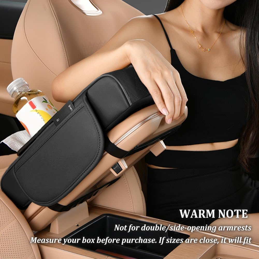 7AGAT leather car armrest cover organizer with padded rhombus design, 2 cup holders and tissue opening in 35x20x8 cm size.