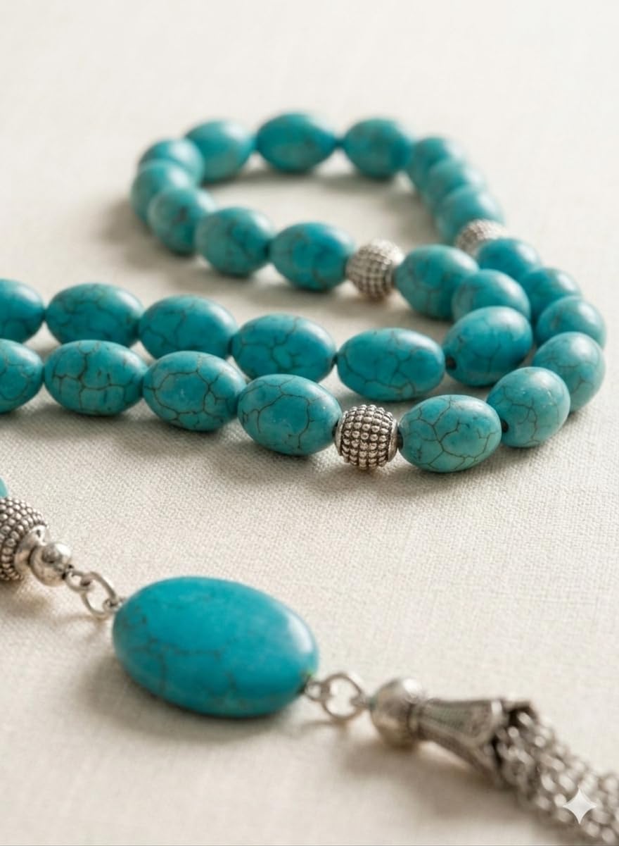 Handmade 7AGAT rosary with Fayrouz beads, metal separators, displayed with gift bag for meditation or gift purposes.