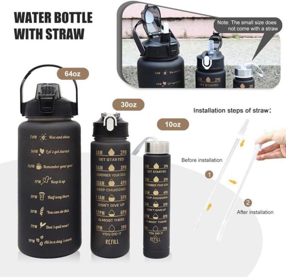 Three black 7AGAT sports water bottles with time markers in a set, ideal for hydration and fitness activities.