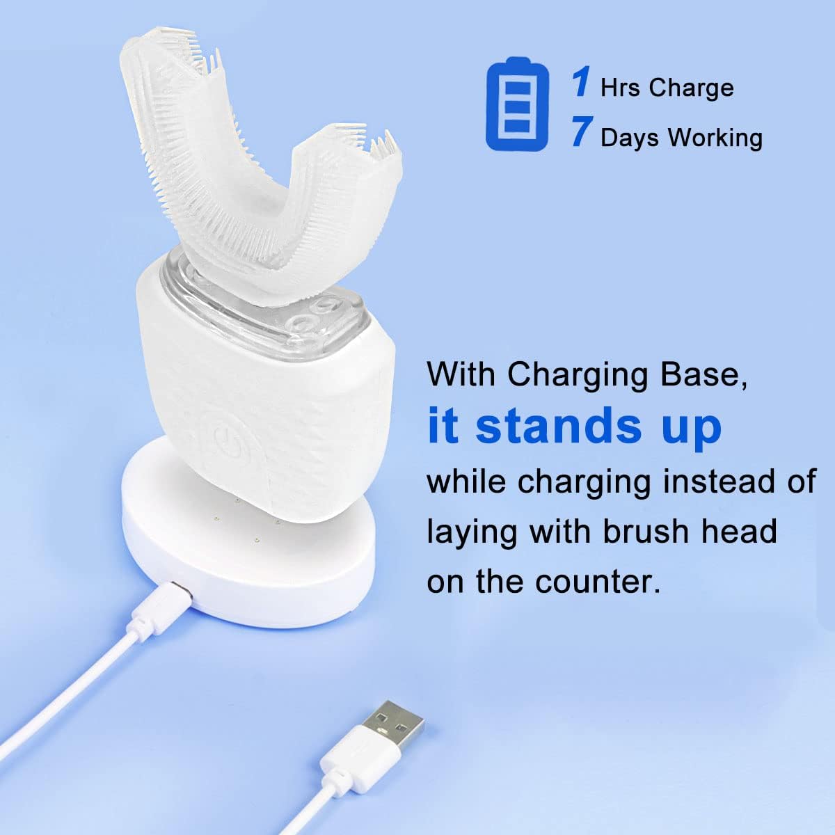 7AGAT U-shaped electric toothbrush for teeth whitening, featuring wireless charging base and skin care tool design.