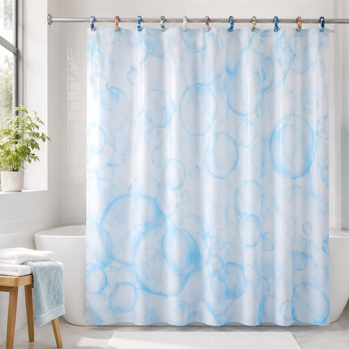 7AGAT waterproof shower curtain with modern design and 12 hooks, ideal for bathroom and hotel use.