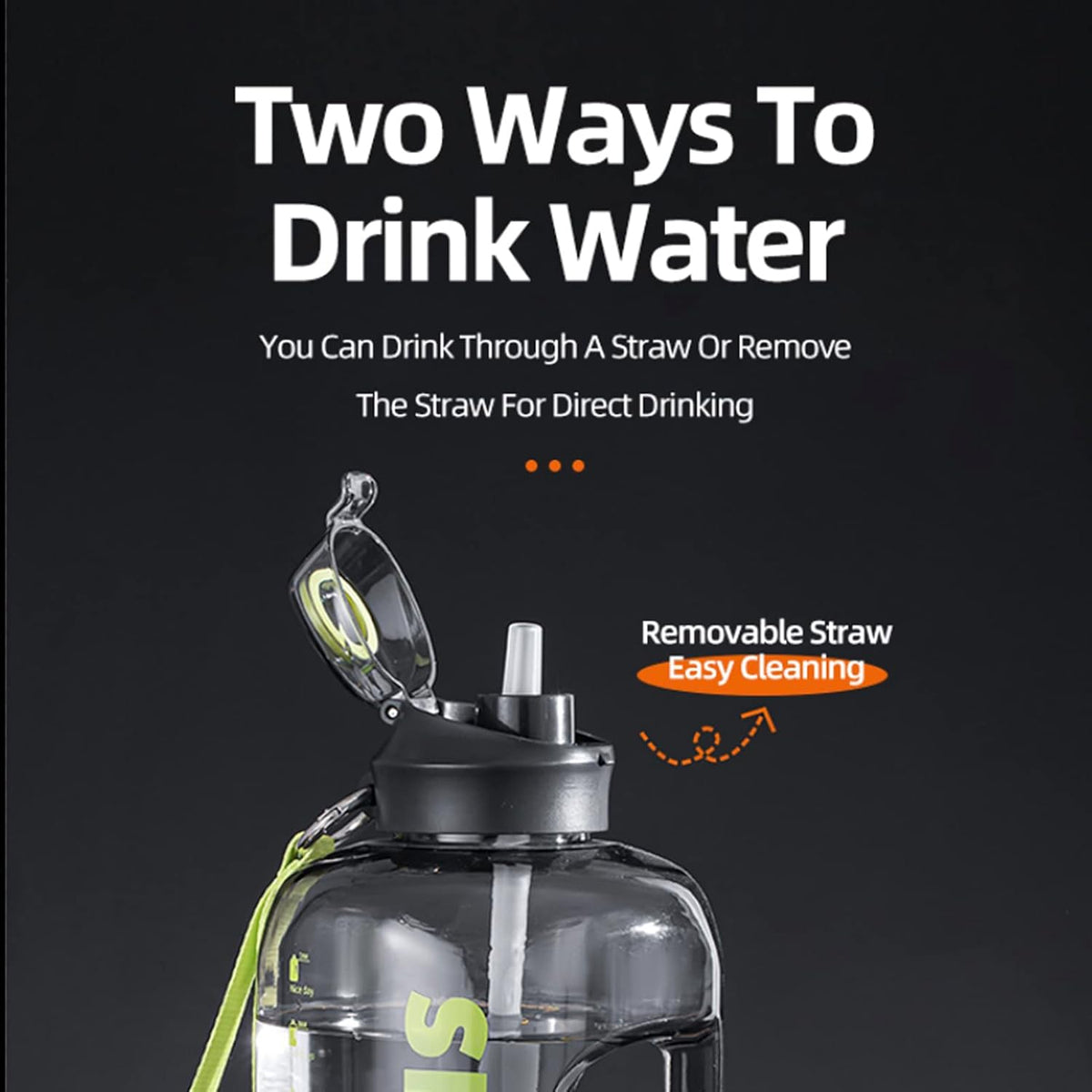 7AGAT motivational sports water bottle in grey with 1.5L capacity, time markers, built-in straw, and handle for easy carrying.