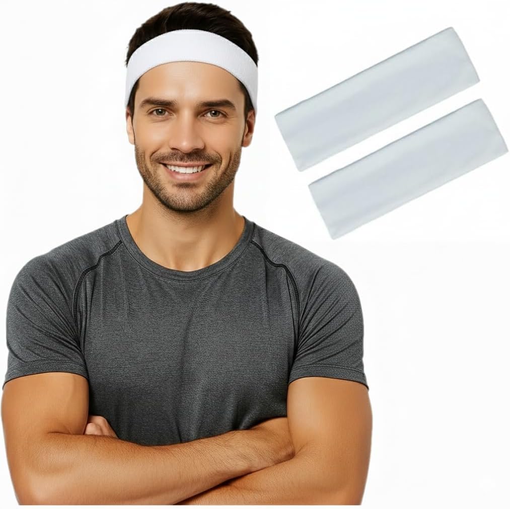 Two white cotton sport headbands made of 95% Egyptian cotton, unisex workout and running headbands by 7AGAT.