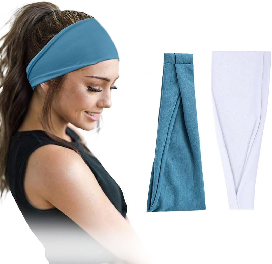 Pair of 7AGAT cotton headbands for women and men, wide style, non-slip, made from 95% Egyptian cotton in a pack of 2.