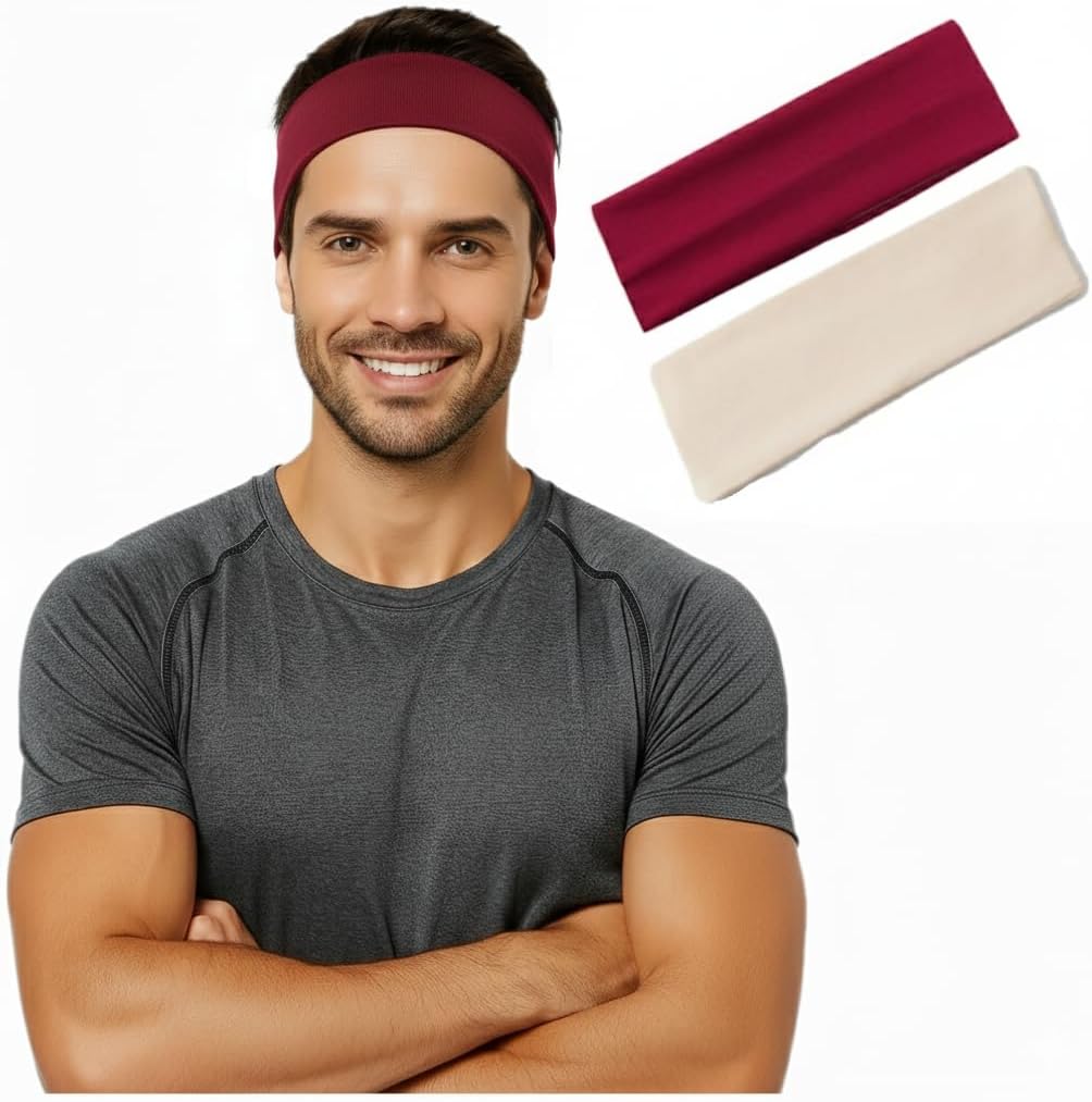 Two white cotton sport headbands by 7AGAT, unisex workout and running headbands made of 95% Egyptian cotton for daily wear.