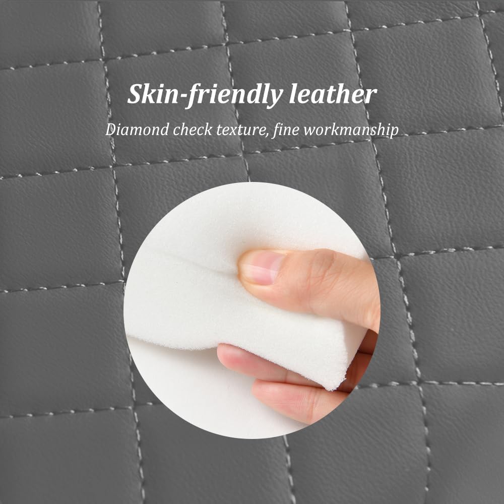Leather car armrest cover organizer with padded rhombus design, two cup holders and tissue opening, fits 7AGAT accessories.