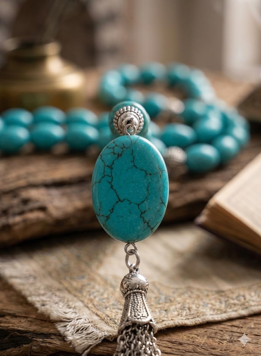 Handmade 7AGAT rosary with Fayrouz beads, metal separators, displayed with gift bag for meditation or gift-giving.