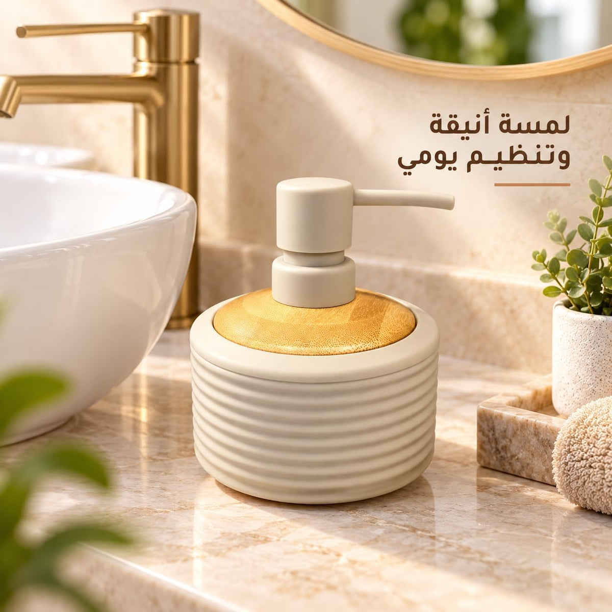 Round refillable soap dispenser with ribbed design and wood-look top, suitable for bathroom or kitchen use by 7AGAT