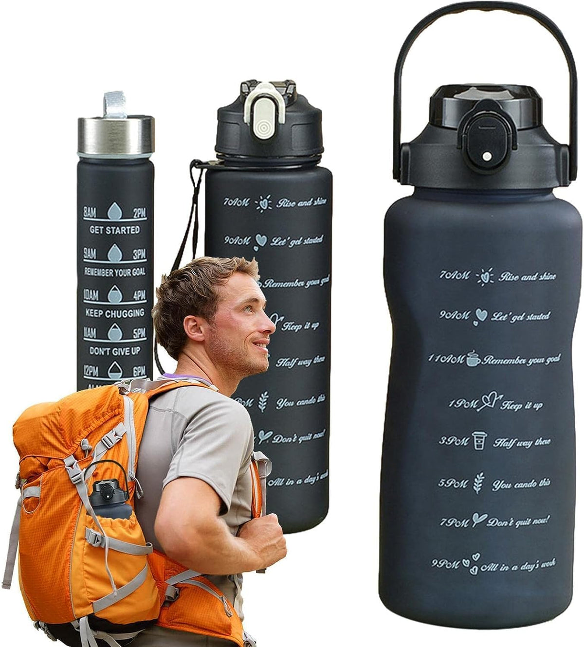 Set of three black 7AGAT sports water bottles with time markers for hydration tracking, shown with lids and measurement markings.