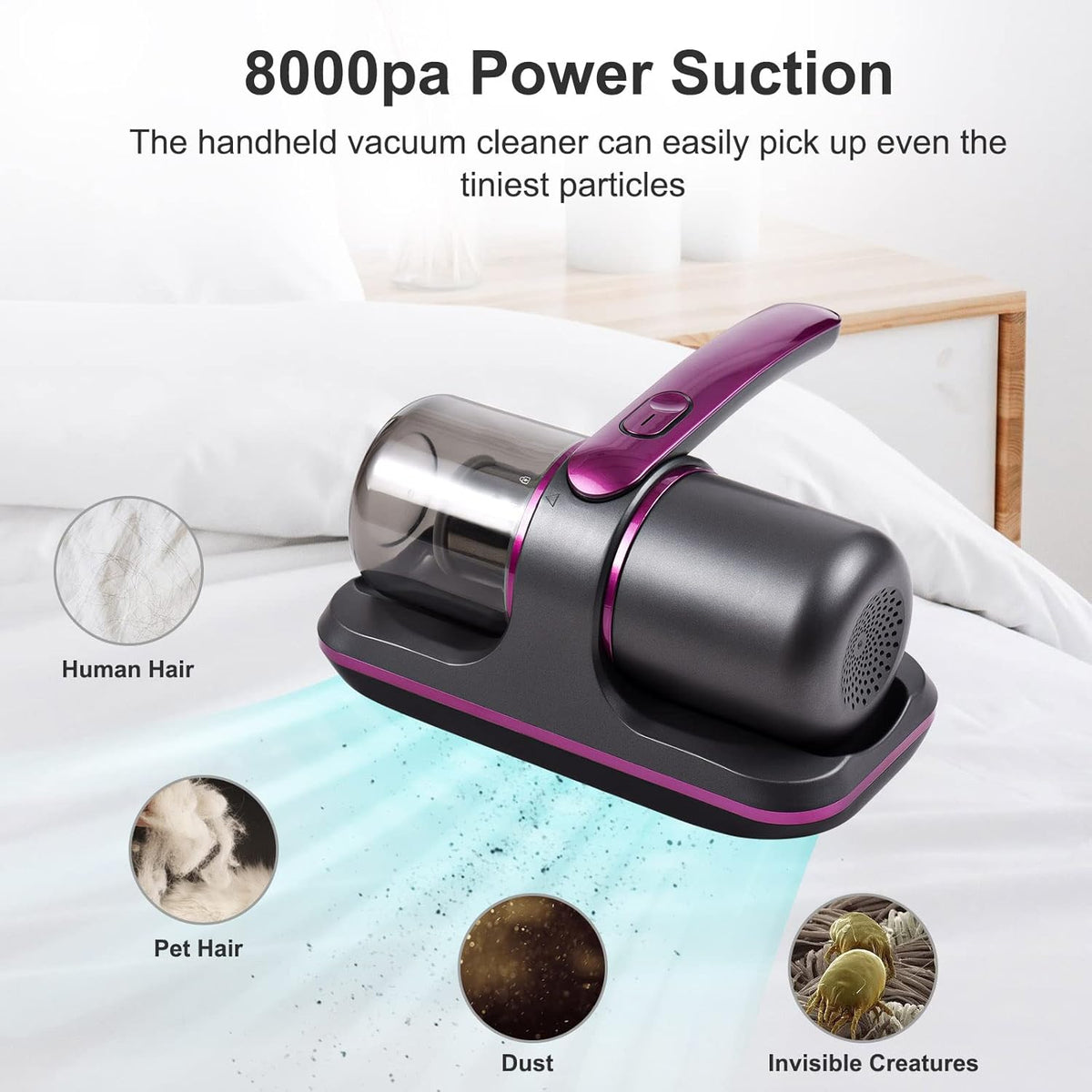 7AGAT cordless handheld mattress vacuum cleaner with UV-C light for beds, sofas, and upholstery cleaning.