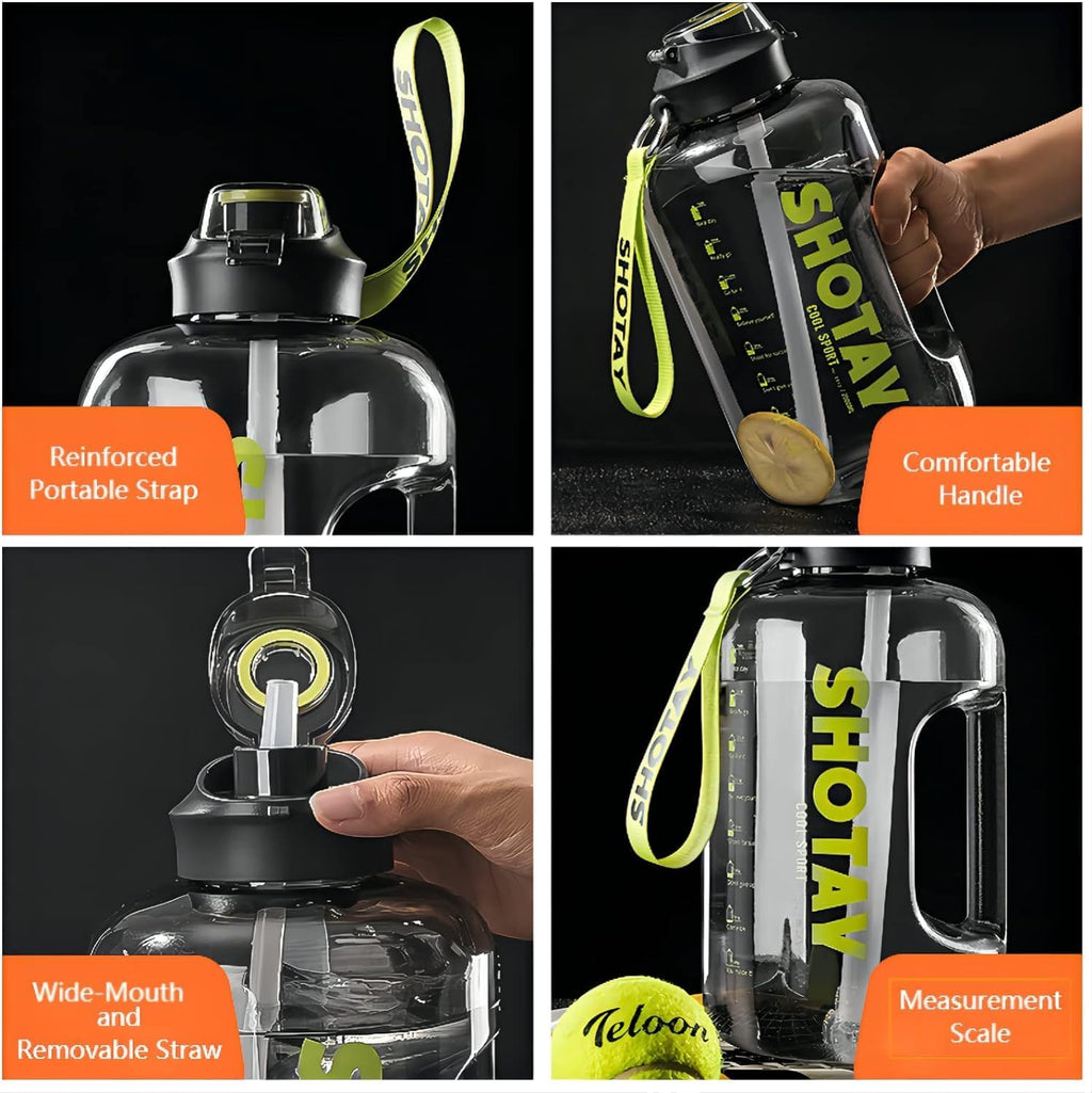 Grey 7AGAT motivational sports water bottle with 1.5L capacity, time markers, built-in straw, and handle for easy carrying.
