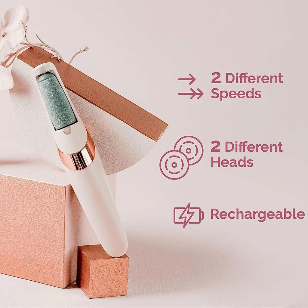 7AGAT USB rechargeable electric foot file with dual speed settings for heel callus removal, portable skin care tool in action.