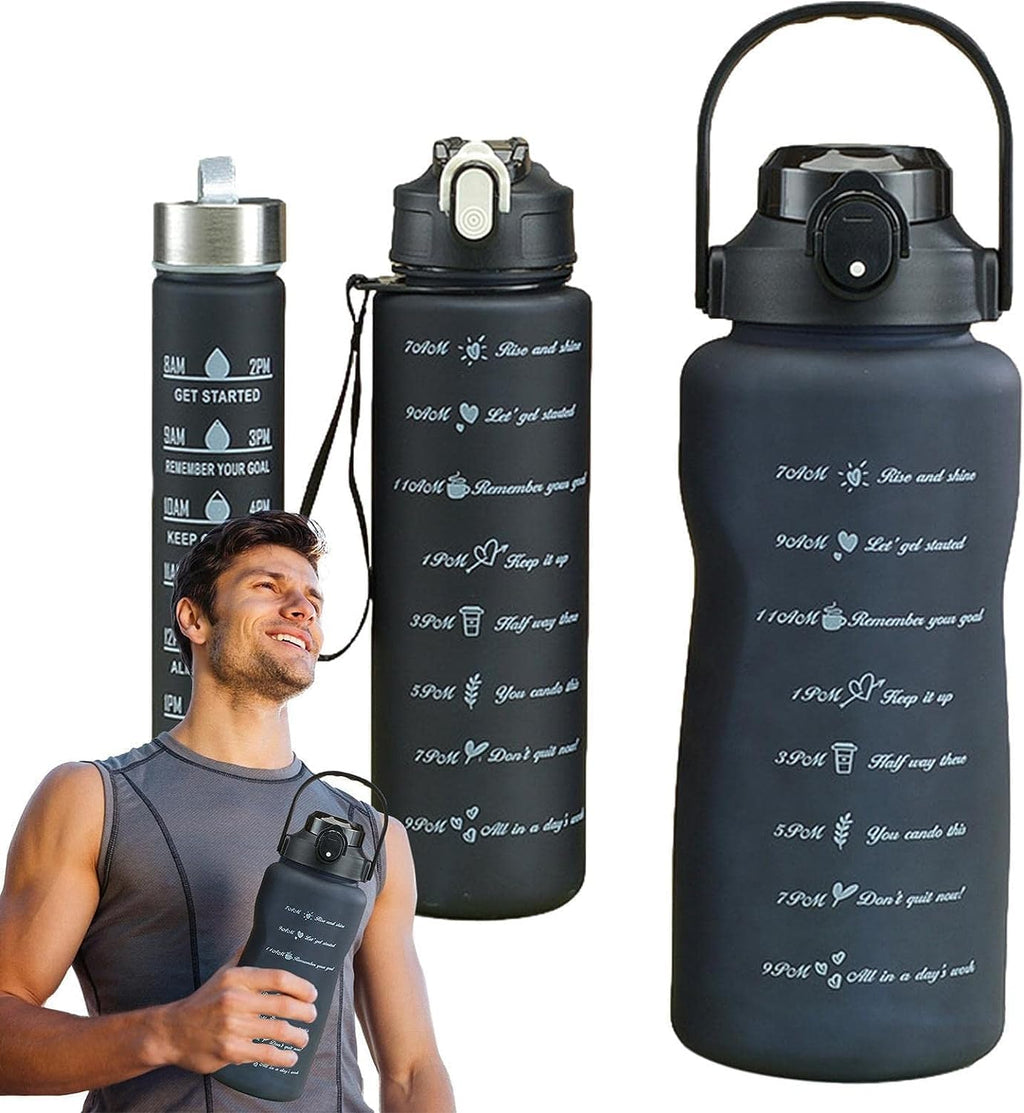 Set of three black 7AGAT sports water bottles with time markers, designed for hydration and active lifestyles.