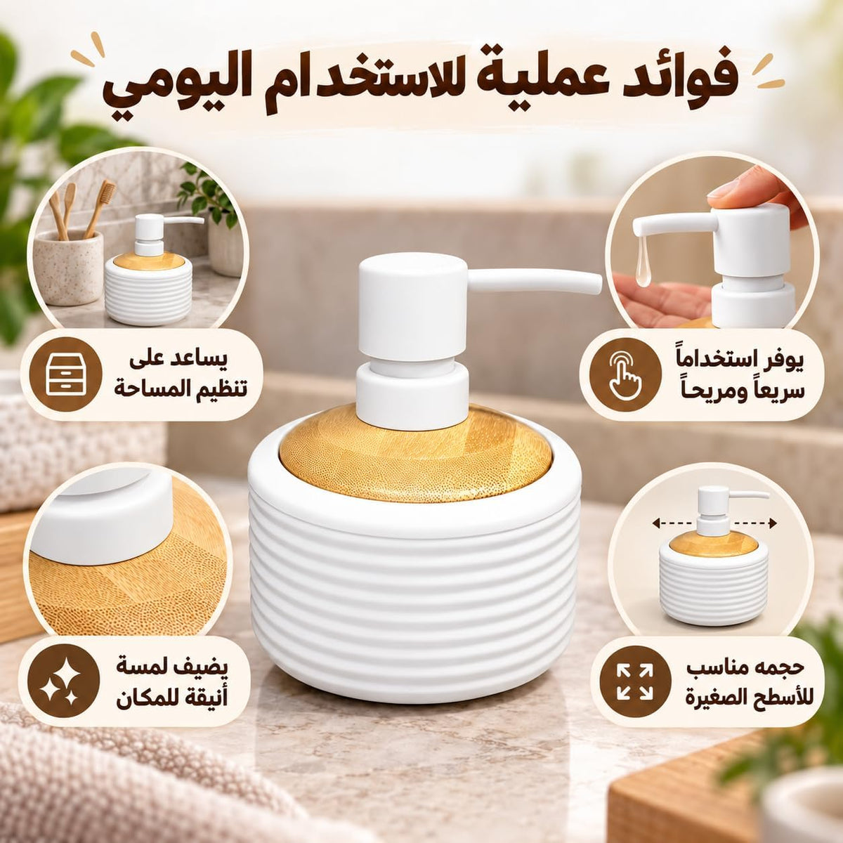 Round refillable soap dispenser with ribbed design and wood-look top, suitable for bathroom and kitchen cleaning.