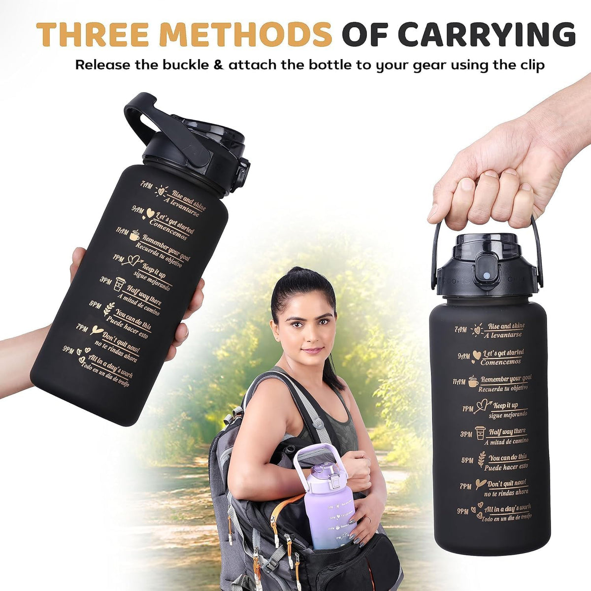Set of three black 7AGAT sports water bottles with time markers, designed for hydration and active use.
