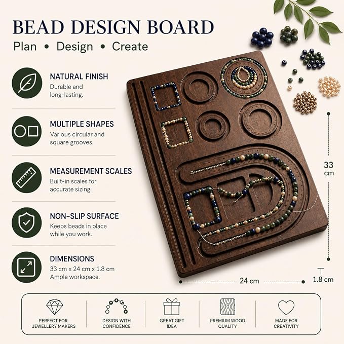 A wooden bead design board with engraved grooves and circular guides, shown on a beige infographic background with text describing features like natural finish, multiple shapes, measurement scales, non-slip surface, and dimensions. Small beads and decorative leaves are arranged around the board.