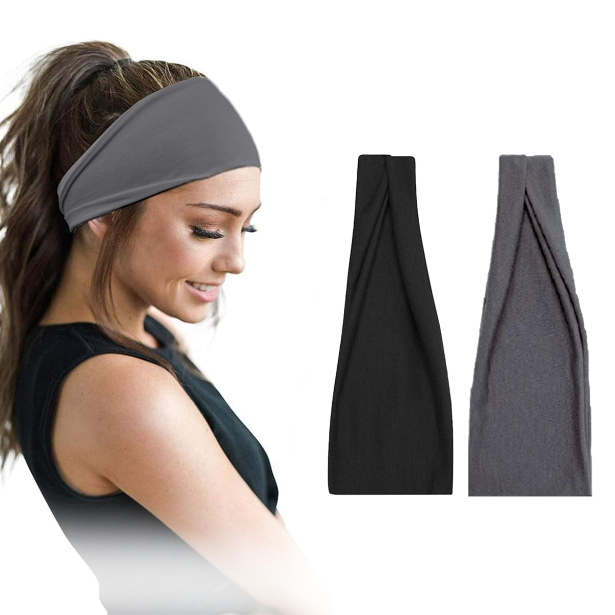 Pair of 7AGAT cotton headbands for women and men, wide style, non-slip, made from 95% Egyptian cotton, in a pack of two.
