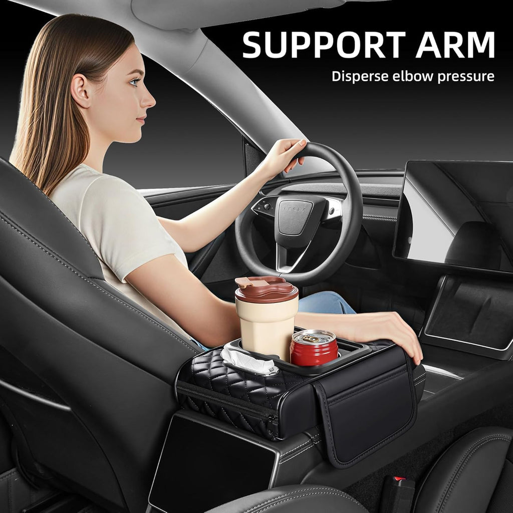 Leather car armrest cover organizer with padded rhombus design, 2 cup holders, tissue opening, size 35x20x8 cm, by 7AGAT.