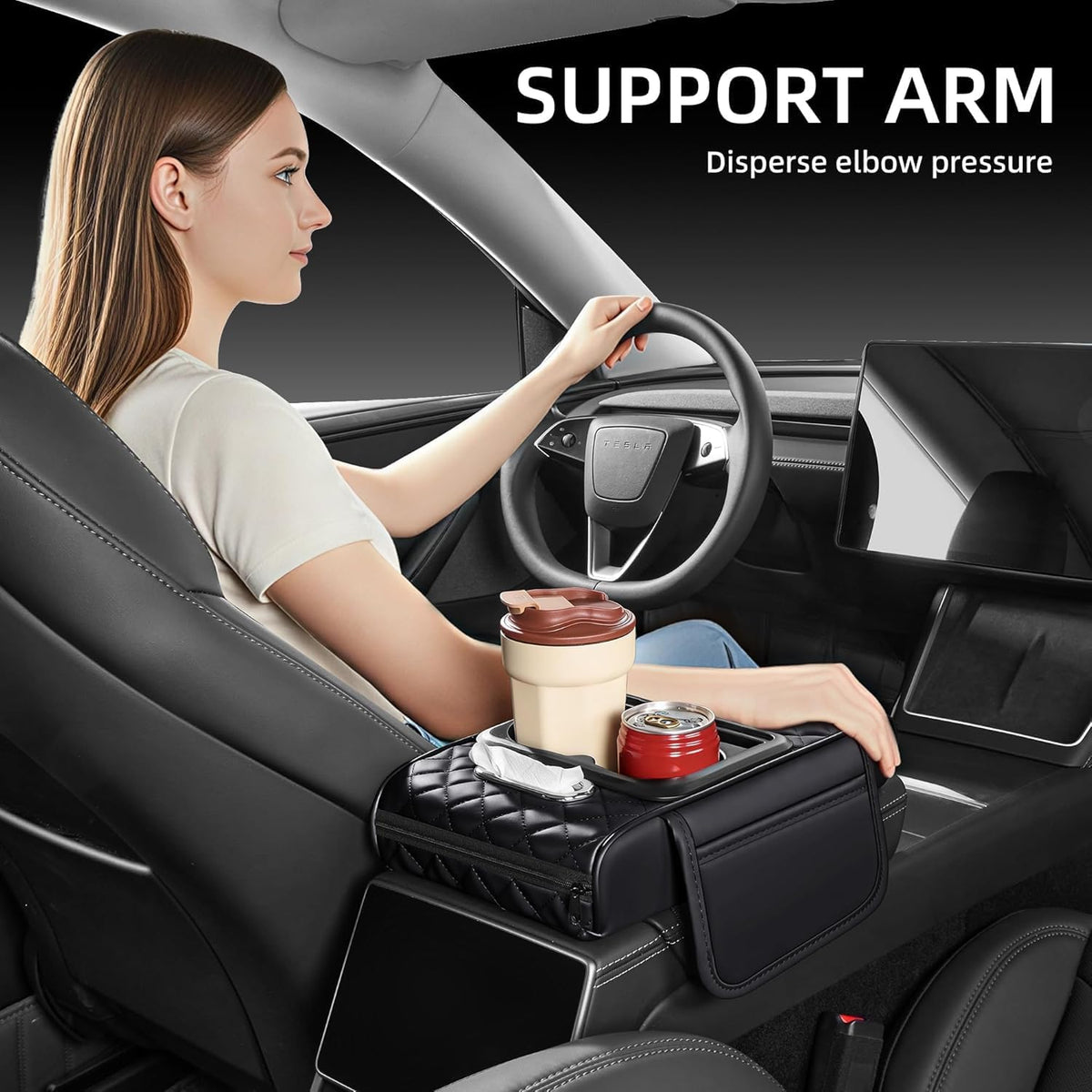 Leather car armrest cover organizer with padded rhombus design, 2 cup holders, tissue opening, size 35x20x8 cm, by 7AGAT.