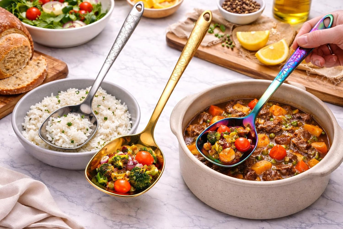 7AGAT stainless steel kitchen utensil with ergonomic handle, heat resistant, rust-resistant, dishwasher safe in silver, gold, and rainbow finishes.