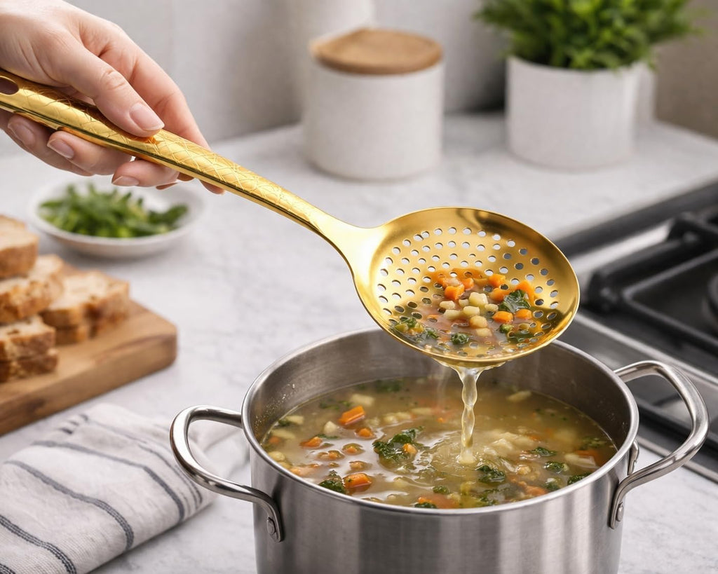 7AGAT stainless steel kitchen utensil with ergonomic handle, heat and rust-resistant, dishwasher safe in silver, gold, and rainbow finishes.