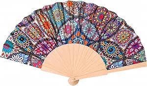 7AGAT vintage folding hand fan with wooden handle, colorful fabric pattern, portable summer cooling fan, decorative and lightweight.